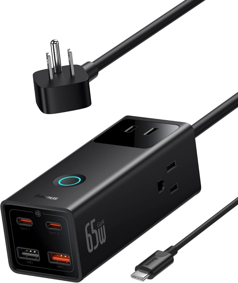 Baseus موزع طاقة مع واقي من زيادة التيار 1200J - شاحن USB C PD65W مع كابل تمديد يحتوي على 3 مآخذ AC و 4 منافذ USB لشحن سريع محطة شحن للمكتب وغرفة النوم والمنزل - Image 1